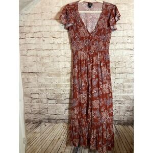 Oak & Trellis Peasant Dress Womens Large Rust Paisley Babydoll Boho Hippie Smock